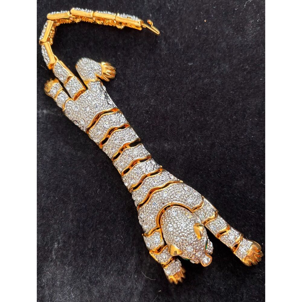 Vtg Articulated Pavé Rhinestone Panther Leopard Bracelet Gold Tone - Picture 5 of 8
